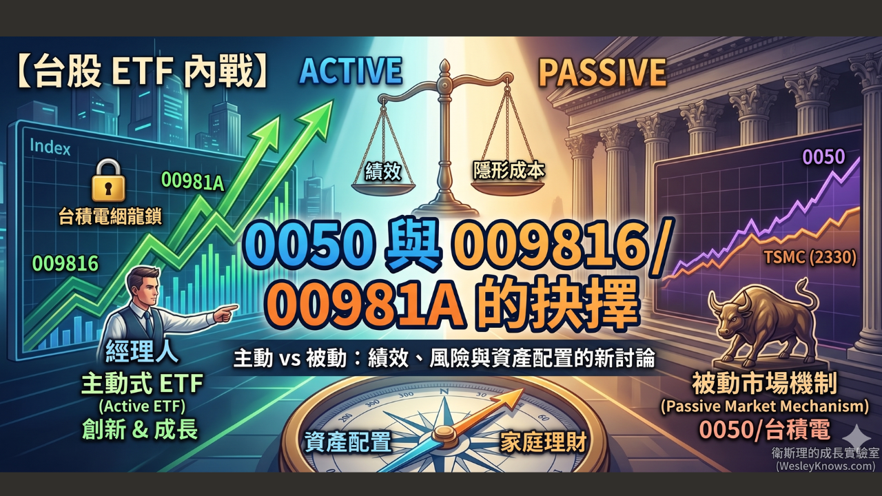 00981A： 可以看成一種基金，表現純看基金經理人績效。在資產配置上，我更傾向於將它當成其中一隻「個股」。 009816： 是套上「綑龍鎖」的 0050。將台積電比例限制在 40% 左右，解決了部分人認為 0050 台積電權重過高（約 60%）的問題。 配置建議： 以穩健家庭理財的角度，不建議單壓 00981A 或 009816。我會建議用配置的方式，具體作法我會在篇尾說明。