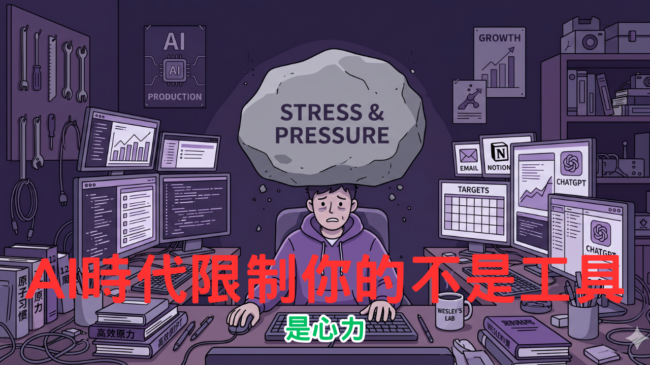 01生產力的真正公式是「時間 × 效率 × 執行力 ÷ 壓力」——壓力不是小事，它會讓前三者全部失效。 02提升生產力的工具再強大，心力被掏空時就會形同虛設；舒壓、原諒自己，才是恢復動能的關鍵。 03AI 時代資訊爆炸，培養「選擇的品味」比一味追求高效更重要，身心靈的平衡才是生產力的地基。