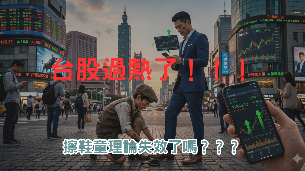擦鞋童理論是一個「反市場情緒指標」，當市場上連資訊最末端的人都在討論股票，代表市場可能已過熱 現在台灣的確出現了幾個符合擦鞋童理論的訊號：全民討論股票、借貸投資人數攀升、本夢比取代本益比 但現代市場也有幾個結構性的不同：資訊傳播更快速、ETF紀律性買盤、財商觀念普及 崩盤一定會來，但沒人知道什麼時候 空手等待不是答案，參與市場＋保留靈活資金，才是相對理性的策略