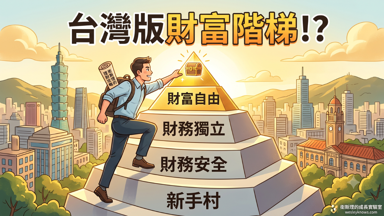 📌 本文三大重點 01 先把數字放一邊，理解每一階的「行為定義」： 財富階梯的核心不是存款數字，而是你在日常決策中「還需不需要考慮錢」。從月光族的沒有犯錯空間，到影響力自由的完全不談錢，六個階段對應的其實是六種不同的心理狀態。 02 把美國的階梯換算成台灣的物價與生活型態： 用保守、可回推的邏輯——保險缺口、餐廳自由的實際花費、破冰船等級的旅遊開銷——重新算出台灣版的每一階門檻，而不是直接套用美元數字。 03 月光族的定義變嚴格了，向上的空間卻被大幅壓縮： 台灣版對「脫離月光族」設下更高的門檻（約 300 萬），但第 3、4、5 階所需要的淨資產，卻遠比想像中低很多——這代表台灣的「爽點」CP 值其實出乎意料地高。