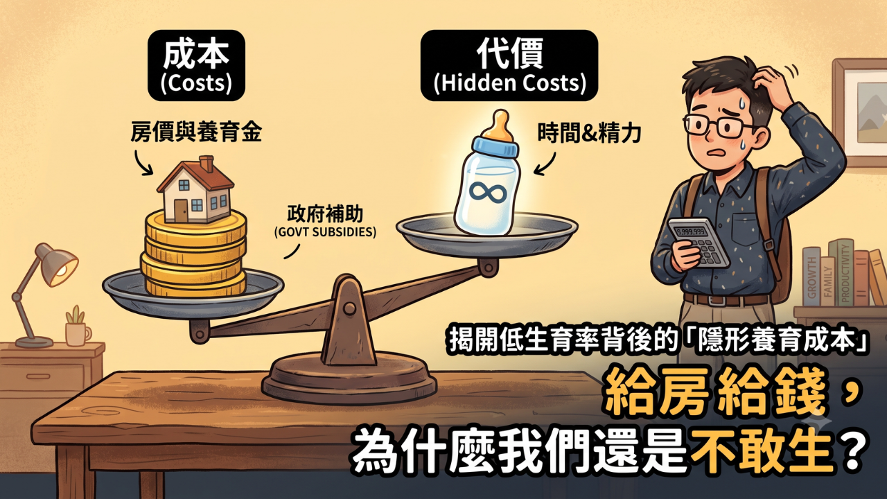01 「養得起」是一個會不斷向上移動的標準，不是收入問題： 從月薪 27K 到 400K 都有人喊養不起，代表真正的成本不只是帳面數字，而是社會階級成本、孩子的位置財、大人在職場上的位置財這三種隱藏成本。 02 育兒成本沒有社會共識，卻被持續調高： 才藝課、遊學從奢侈品變成標配，父母的自我犧牲不再被視為理所當然，加上廉價娛樂讓「不生小孩」的生活變得太舒服——這些都在無形中把生育的機會成本越推越高。 03 與其被社會定義「養不養得起」，不如自己走完五個思考步驟： 從想不想生、經濟必要開銷、維持生活品質的成本、幫孩子畫出健康的起跑線，到儘早幫孩子開始複利投資——這是我自己整理出來、幫助猶豫中的人想清楚的路徑，而不是勸生或勸不生的答案。