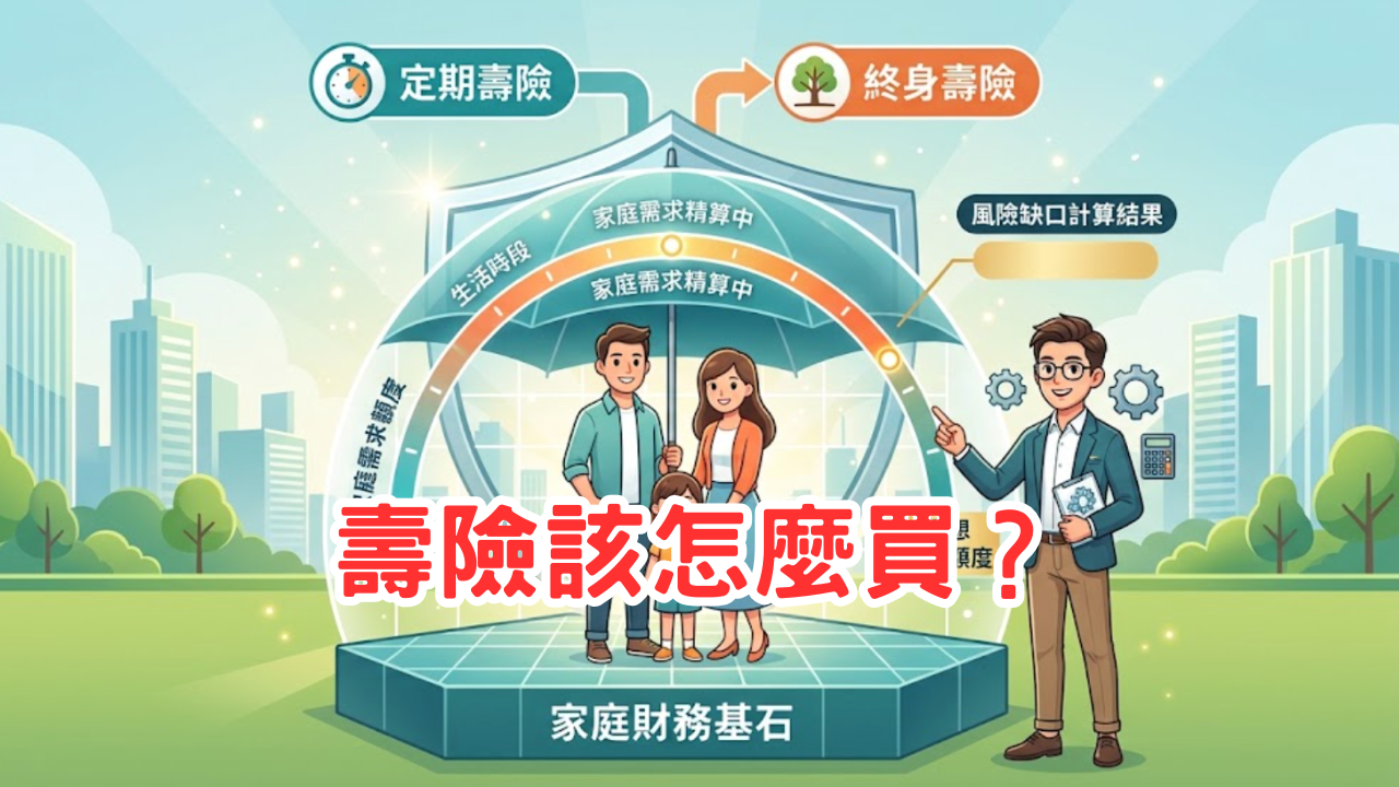 01 壽險是「死了給你錢」的保險，只有兩種人需要它：有需要負責任的對象、且沒有能力身後自行承擔——判斷完這兩點，才能算出真正該保多少，而不是被業務話術牽著走。 02 用一個簡單公式算出「風險缺口」，就能知道自己到底該保多少：家庭年支出扣掉其他成員年收入、乘上要撐的年數，再加上負債淨值——算完你會發現，資源永遠該優先集中在家庭經濟責任人身上，而不是保費便宜的小孩身上。 03 三種壽險槓桿倍率差距高達 20 倍，多數人應該以定期壽險為主力：終身壽險的「安定感」代價極高，把省下來的保費拿去投資，20 年後的資產差距可能高達千萬——但終身險並非完全沒用，它是通往優質醫療險副約的唯一入場券。
